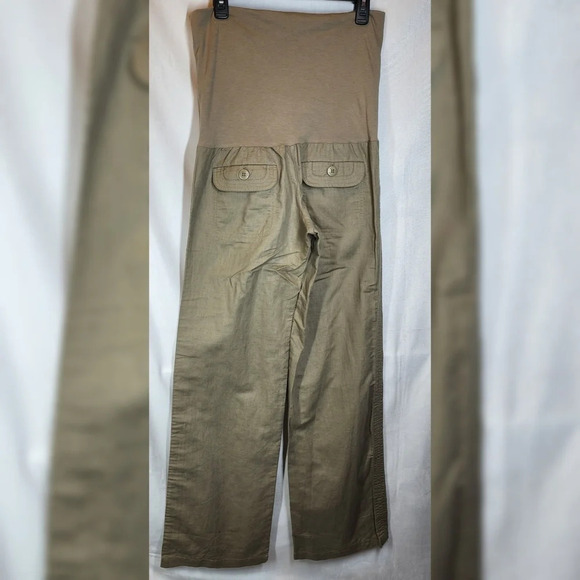 MNG Linen-blend Fold-Waist Wideleg Pants Dark Khaki Size Medium Pull On Stretch - Picture 2 of 12